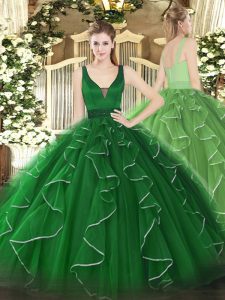 Shining Beading and Ruffles 15th Birthday Dress Green Zipper Sleeveless Floor Length