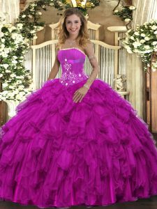 Nice Organza Strapless Sleeveless Lace Up Beading and Ruffles Ball Gown Prom Dress in Fuchsia
