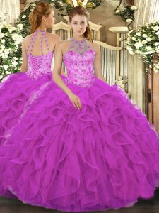 Inexpensive Sleeveless Organza Floor Length Lace Up Military Ball Gown in Fuchsia with Beading and Embroidery and Ruffles