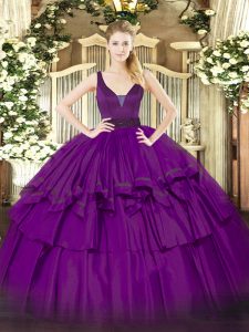 Purple Sleeveless Floor Length Beading and Ruffled Layers Zipper Quinceanera Gown