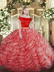 Spectacular Short Sleeves Ruffled Layers Zipper Sweet 16 Dresses with Coral Red Brush Train