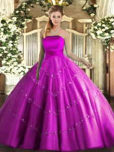 Wonderful Fuchsia Lace Up Sweet 16 Dresses Appliques Sleeveless Floor Length