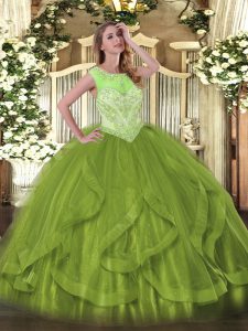 Olive Green Military Ball Gowns Sweet 16 and Quinceanera with Beading and Ruffles Scoop Sleeveless Lace Up