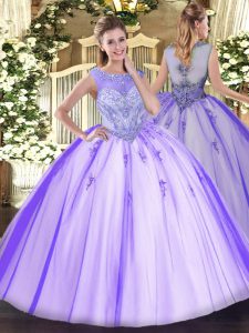 Sleeveless Tulle Floor Length Zipper Sweet 16 Dress in Lavender with Beading and Appliques