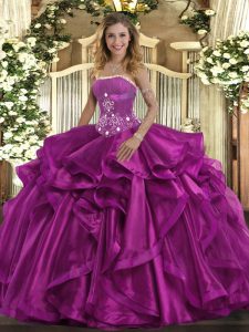 Romantic Sleeveless Floor Length Beading and Ruffles Lace Up Quince Ball Gowns with Fuchsia
