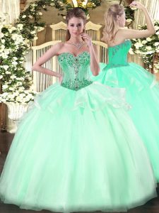 Deluxe Floor Length Apple Green Quinceanera Gowns Organza Sleeveless Beading