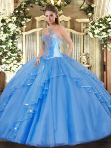 Unique Baby Blue Lace Up Sweetheart Beading and Ruffles Sweet 16 Dress Tulle Sleeveless