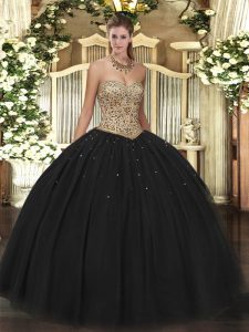 Sleeveless Floor Length Beading Lace Up 15th Birthday Dress with Black