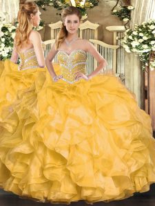 Perfect Gold Sweetheart Lace Up Beading and Ruffles 15 Quinceanera Dress Sleeveless