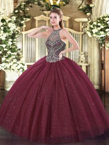 Burgundy Sweetheart Neckline Beading Quinceanera Gown Sleeveless Lace Up