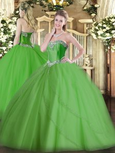 Pretty Green Tulle Lace Up Sweetheart Sleeveless 15 Quinceanera Dress Brush Train Beading