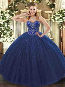 Sleeveless Floor Length Beading Lace Up Quinceanera Dress with Navy Blue