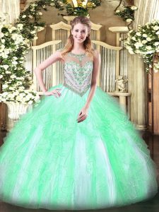 Apple Green Sleeveless Tulle Zipper 15th Birthday Dress for Military Ball and Sweet 16 and Quinceanera