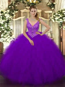Lovely Purple V-neck Neckline Beading and Ruffles Ball Gown Prom Dress Sleeveless Zipper