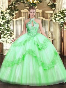 Pretty Apple Green Tulle Lace Up Sweet 16 Dress Sleeveless Floor Length Appliques and Sequins