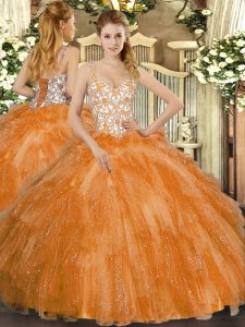Enchanting Orange Lace Up 15th Birthday Dress Beading and Ruffles Sleeveless Floor Length