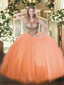 Stunning Floor Length Orange Red 15 Quinceanera Dress Tulle Sleeveless Beading