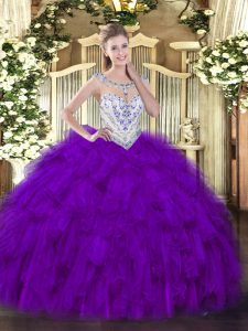 Smart Ball Gowns Sweet 16 Quinceanera Dress Purple Scoop Tulle Sleeveless Floor Length Zipper
