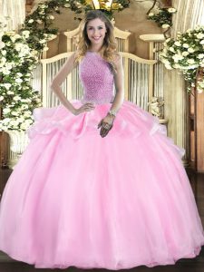 Pink High-neck Neckline Beading Quinceanera Dresses Sleeveless Lace Up