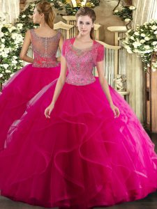 Scoop Sleeveless Quinceanera Gown Floor Length Beading and Ruffled Layers Hot Pink Tulle