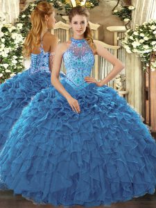 Teal Halter Top Neckline Beading and Ruffles Quinceanera Gowns Sleeveless Lace Up