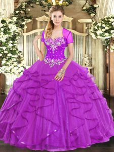 Chic Fuchsia Lace Up Sweetheart Beading and Ruffles Ball Gown Prom Dress Tulle Sleeveless