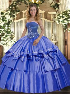 Graceful Strapless Sleeveless Sweet 16 Dresses Floor Length Beading and Ruffled Layers Blue Organza and Taffeta