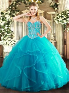 Simple Teal Ball Gowns Beading and Ruffles Sweet 16 Dresses Lace Up Tulle Sleeveless Floor Length