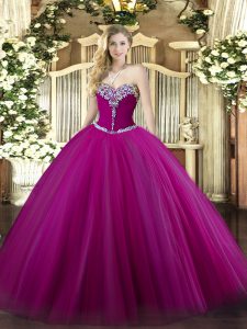 Beautiful Fuchsia Sleeveless Floor Length Beading Lace Up Quinceanera Dress