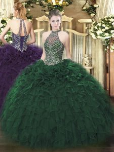 Dark Green Halter Top Lace Up Beading and Ruffles Quinceanera Gowns Sleeveless