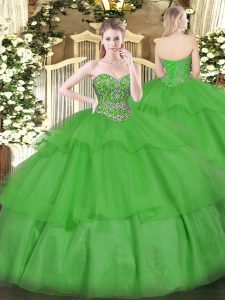 Wonderful Green Sleeveless Beading and Ruffled Layers Floor Length Sweet 16 Quinceanera Dress