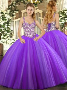 Sleeveless Tulle Floor Length Lace Up Juniors Party Dress in Lavender with Beading and Appliques