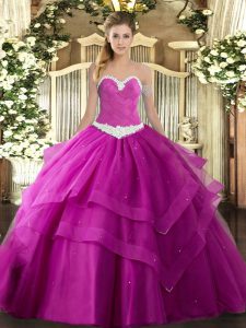 Smart Fuchsia Tulle Lace Up Ball Gown Prom Dress Sleeveless Floor Length Appliques and Ruffled Layers