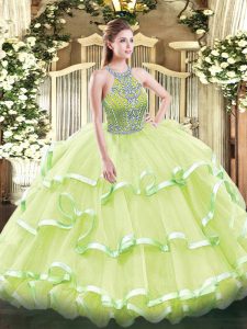 Pretty Yellow Green Lace Up Halter Top Beading and Ruffled Layers Quinceanera Dresses Tulle Sleeveless
