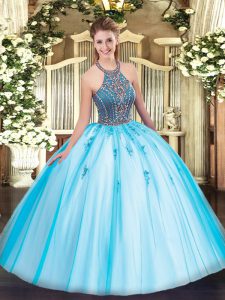 Fantastic Aqua Blue Quinceanera Dresses Sweet 16 and Quinceanera with Beading and Appliques Halter Top Sleeveless Lace Up