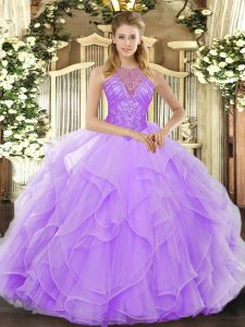 Sophisticated High-neck Sleeveless Lace Up Sweet 16 Quinceanera Dress Lavender Organza
