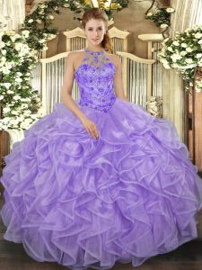 Top Selling Floor Length Lace Up 15 Quinceanera Dress Lavender for Military Ball and Sweet 16 and Quinceanera with Beading and Ruffles