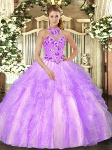 Modern Sleeveless Organza Floor Length Lace Up Quince Ball Gowns in Lilac with Embroidery