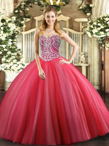 Coral Red Ball Gowns Beading 15th Birthday Dress Lace Up Tulle Sleeveless Floor Length