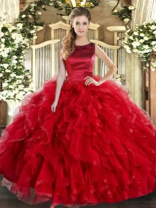 New Arrival Red Ball Gowns Tulle Scoop Sleeveless Ruffles Floor Length Lace Up Quinceanera Dress