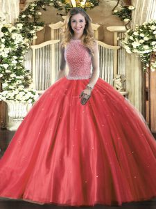 Red Tulle Lace Up Quinceanera Dress Sleeveless Floor Length Beading