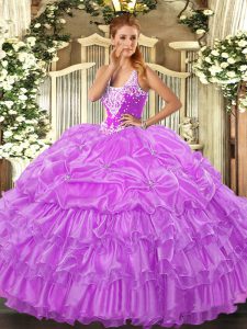 Cute Lilac Sleeveless Organza Lace Up Quinceanera Gowns for Military Ball and Sweet 16 and Quinceanera