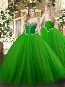 Affordable Green Lace Up Sweetheart Beading Quinceanera Dress Tulle Sleeveless