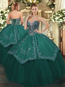 Stunning Dark Green Quinceanera Dress Military Ball and Sweet 16 and Quinceanera with Beading and Embroidery Sweetheart Sleeveless Lace Up