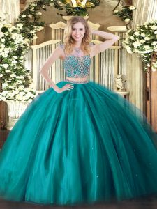 Sweet Floor Length Lace Up Quinceanera Dress Teal for Military Ball and Sweet 16 and Quinceanera with Beading