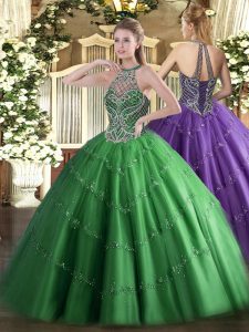 Attractive Green Ball Gown Prom Dress Sweet 16 and Quinceanera with Beading Halter Top Sleeveless Lace Up