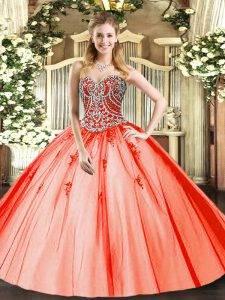 Designer Sweetheart Sleeveless Vestidos de Quinceanera Floor Length Beading and Appliques Orange Red Tulle