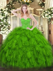Sweetheart Sleeveless Quinceanera Dress Floor Length Beading and Ruffles Green Organza
