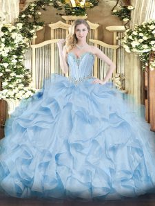 Glittering Blue Ball Gown Prom Dress Military Ball and Sweet 16 and Quinceanera with Beading and Ruffles Sweetheart Sleeveless Lace Up