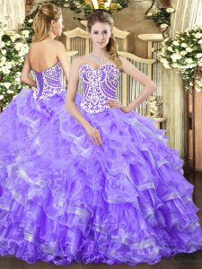 Sophisticated Floor Length Lavender Military Ball Gowns Organza Sleeveless Beading and Ruffled Layers